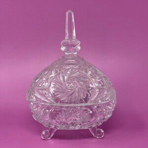 Vintage Pedestal Heavy Thick Crystal Glass Candy Dish w/ Lid Tall Spire Handle,